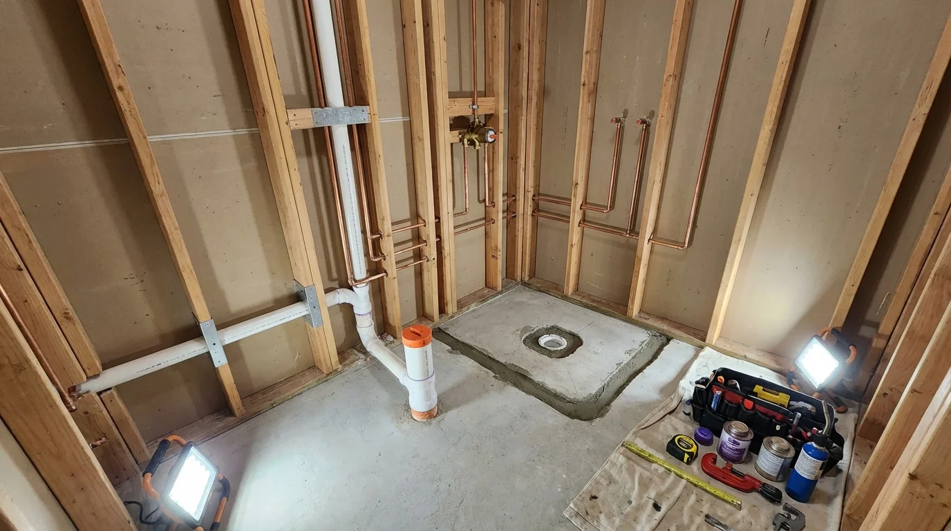 Bathroom rough-in plumbing during remodel by Johns Plumbing LLC in Clemmons