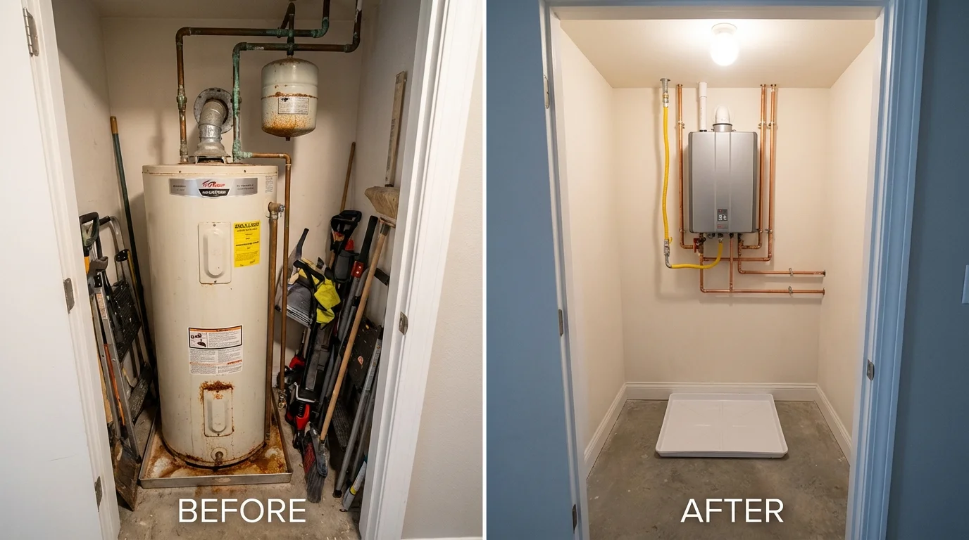 Tank water heater versus wall-mounted tankless unit comparison for Clemmons, NC homeowners