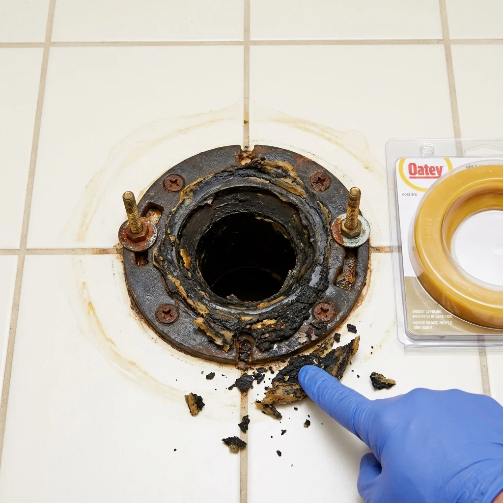 Failed wax ring showing water seepage at the base of a toilet in a Clemmons, NC home