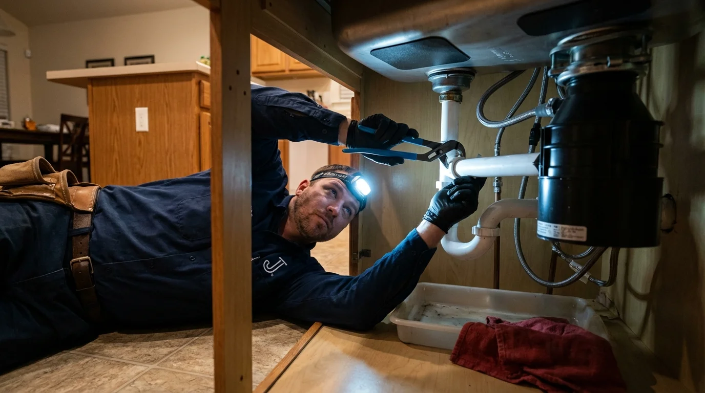 P-trap and supply line connections under a kitchen sink showing a common leak point in Clemmons, NC
